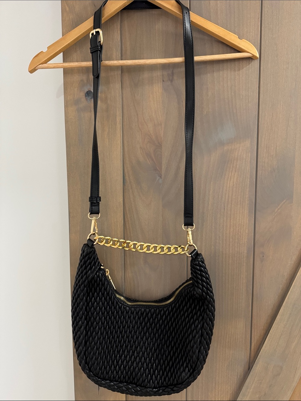 Black Woven Chain-Accent Shoulder Bag